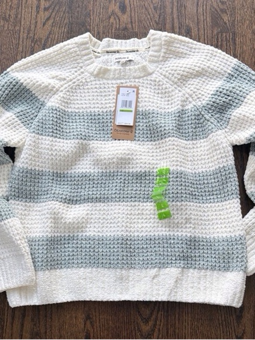 BearPaw Sage and Cream Striped Waffle-Knit Sweater